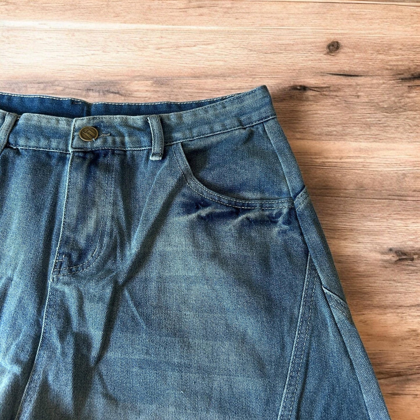 Incredible super baggy wide leg denim carpenter shorts jorts in mid blue wash.
