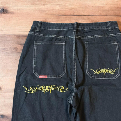 Insane baggy relaxed fit jeans in washed black with embroidery.
