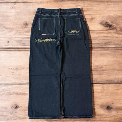 Insane baggy relaxed fit jeans in washed black with embroidery.