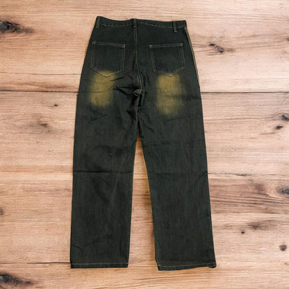 Vintage style relaxed loose skater fit jeans with side stripes in dark blue wash.
