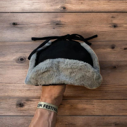 Russian ushanka trapper ear flap winter hat in black/grey colour way. 55-59cm