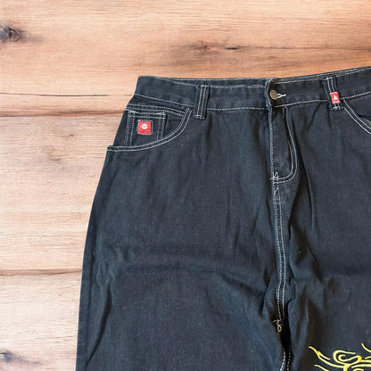 Insane baggy relaxed fit jeans in washed black with embroidery.