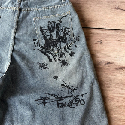 Incredible baggy wide leg denim shorts jorts with graffiti/graphic in light blue.