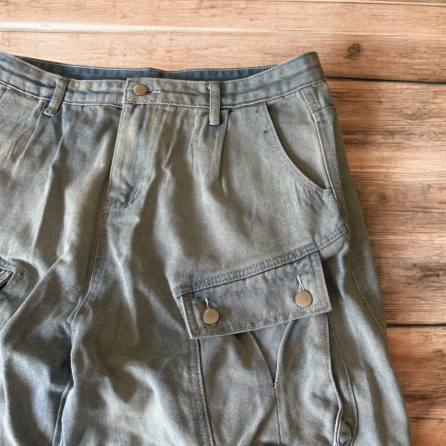 Incredible super baggy wide leg denim cargo shorts jorts in light blue wash.