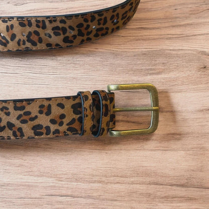 Vintage style faux leather western leopard cowboy belt with bronze trim. 105cm.