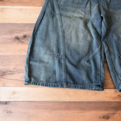 Incredible super baggy wide leg denim carpenter shorts jorts in mid blue wash.
