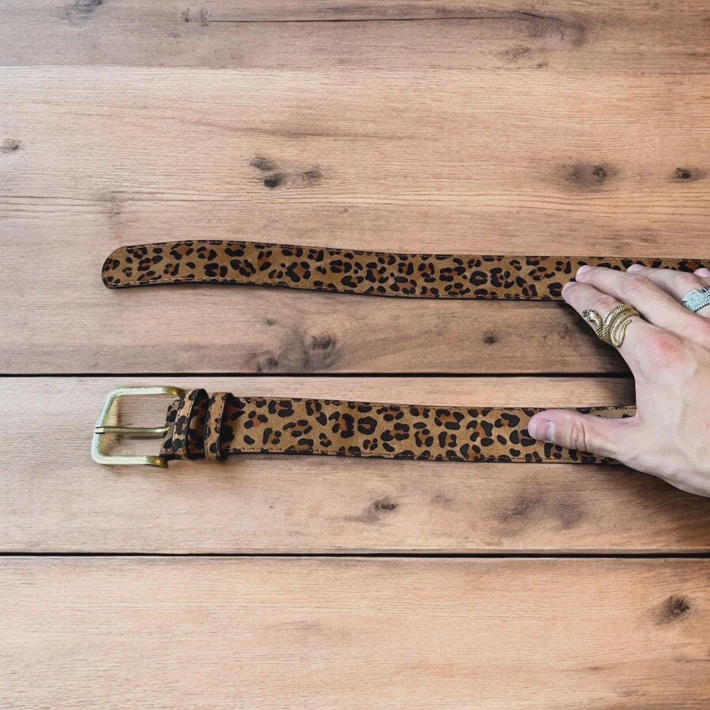 Vintage style faux leather western leopard cowboy belt with bronze trim. 105cm.