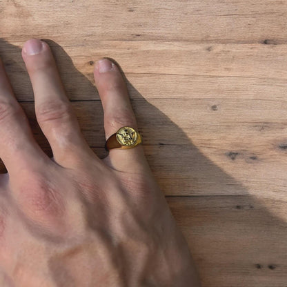 Lovely vintage style stainless steel angel signet ring in gold.