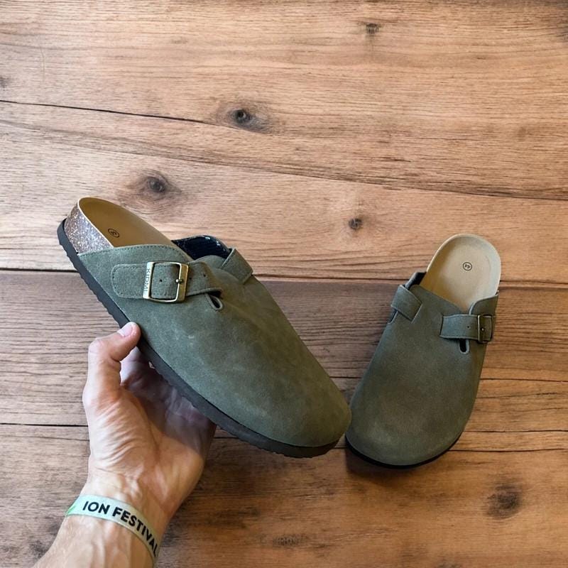 Lovely suede mules sandals in khaki green.