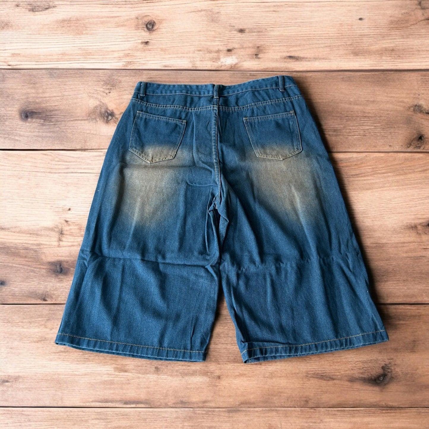 Incredible super baggy wide leg denim shorts jorts in dark blue wash.