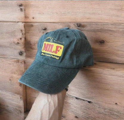 Vintage style Milf fishing cap hat in washed grey. One size fits all.