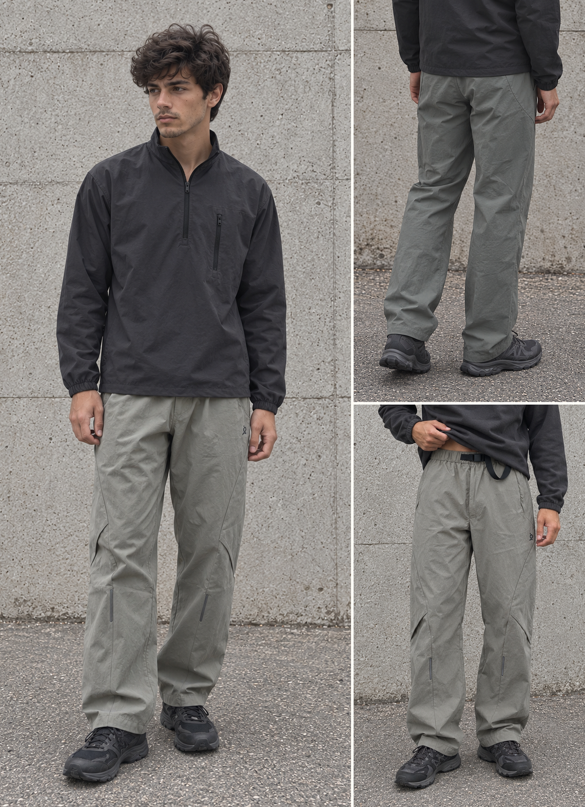 Baggy gorpcore tech hiking pants in khaki green.