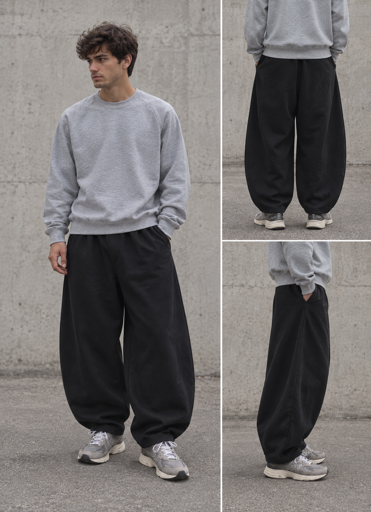 Baggy wide leg balloon joggers in black.