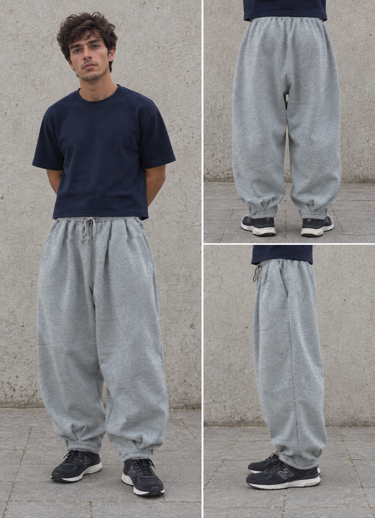Baggy wide leg Japanese joggers in marl grey.
