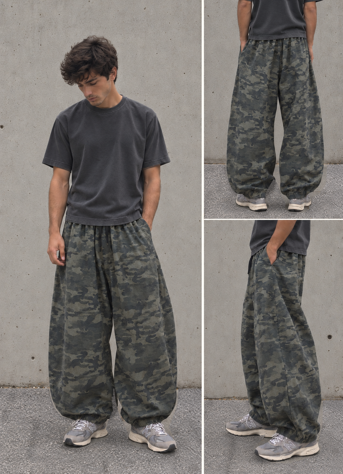 Baggy wide leg parachute joggers trousers in army camo.
