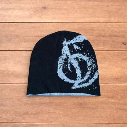 Cool Japanese vintage style beanie hat in black with graphic design.