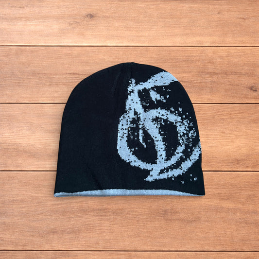 Cool Japanese vintage style beanie hat in black with graphic design.