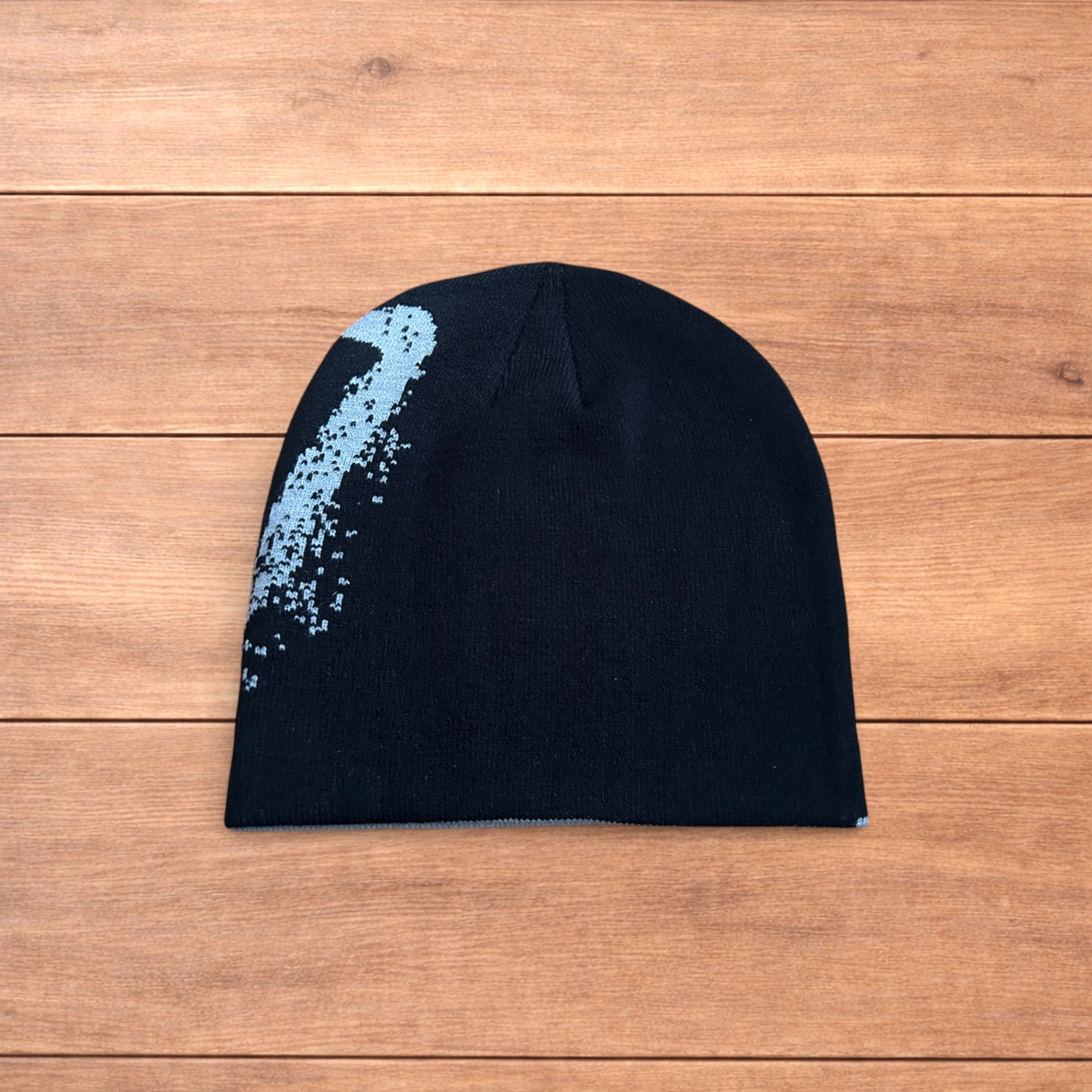 Cool Japanese vintage style beanie hat in black with graphic design.