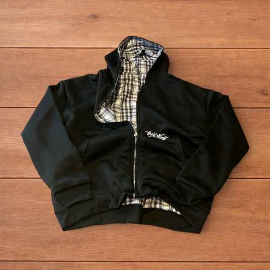 Oversized baggy reversible zip up hoodie jumper in checkered black.