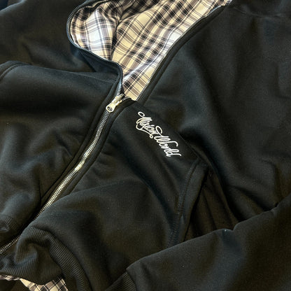 Oversized baggy reversible zip up hoodie jumper in checkered black.