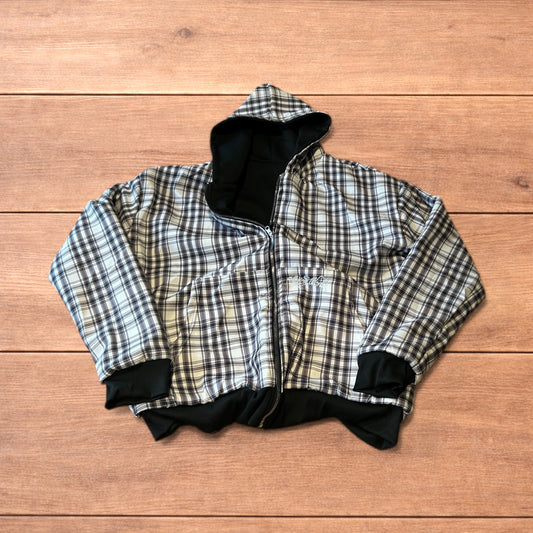Oversized baggy reversible zip up hoodie jumper in checkered black.