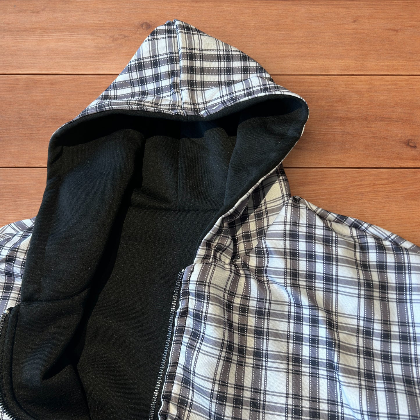 Oversized baggy reversible zip up hoodie jumper in checkered black.