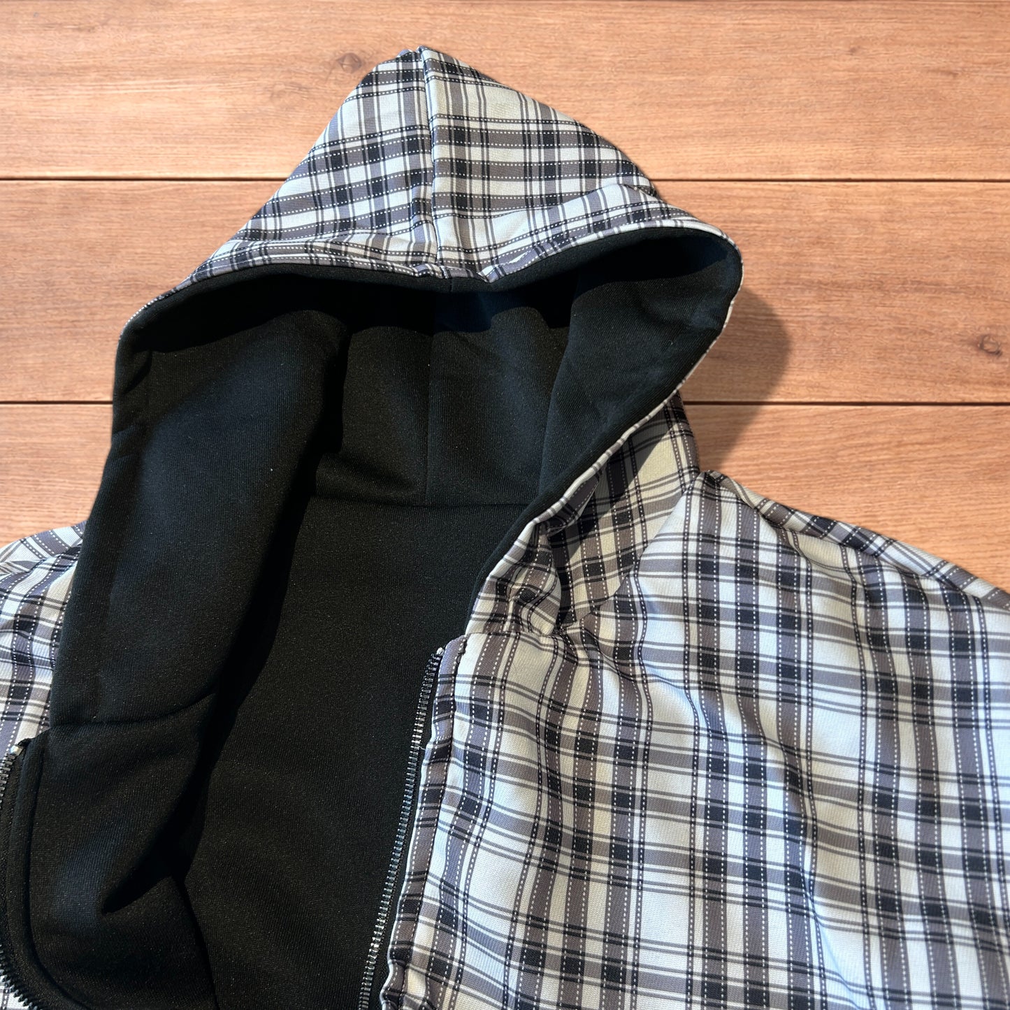 Oversized baggy reversible zip up hoodie jumper in checkered black.