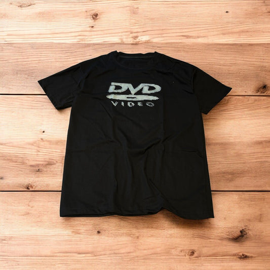 Vintage style old school DVD Video T-shirt with front graphic in black.