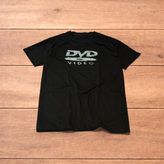 Vintage style old school DVD Video T-shirt with front graphic in black.