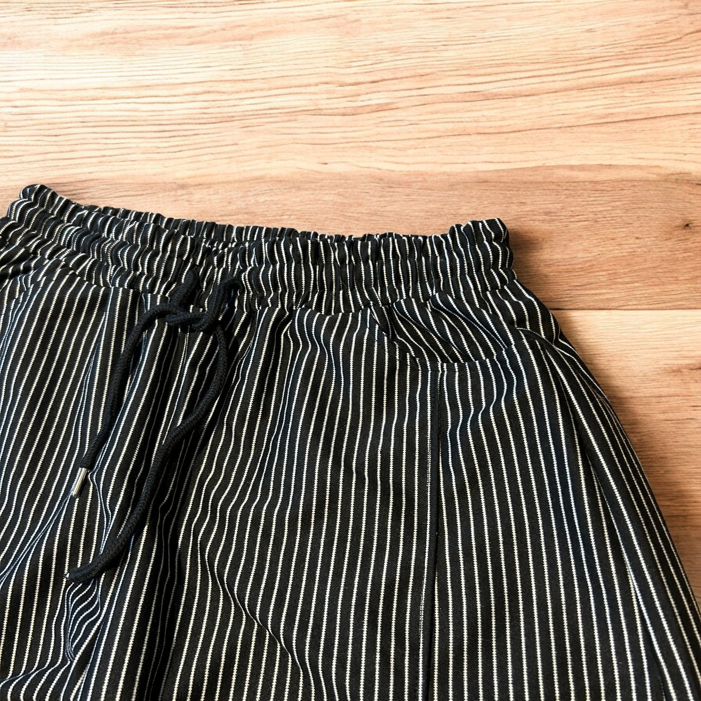 Super baggy wide leg pinstripe Korean joggers in black/white.