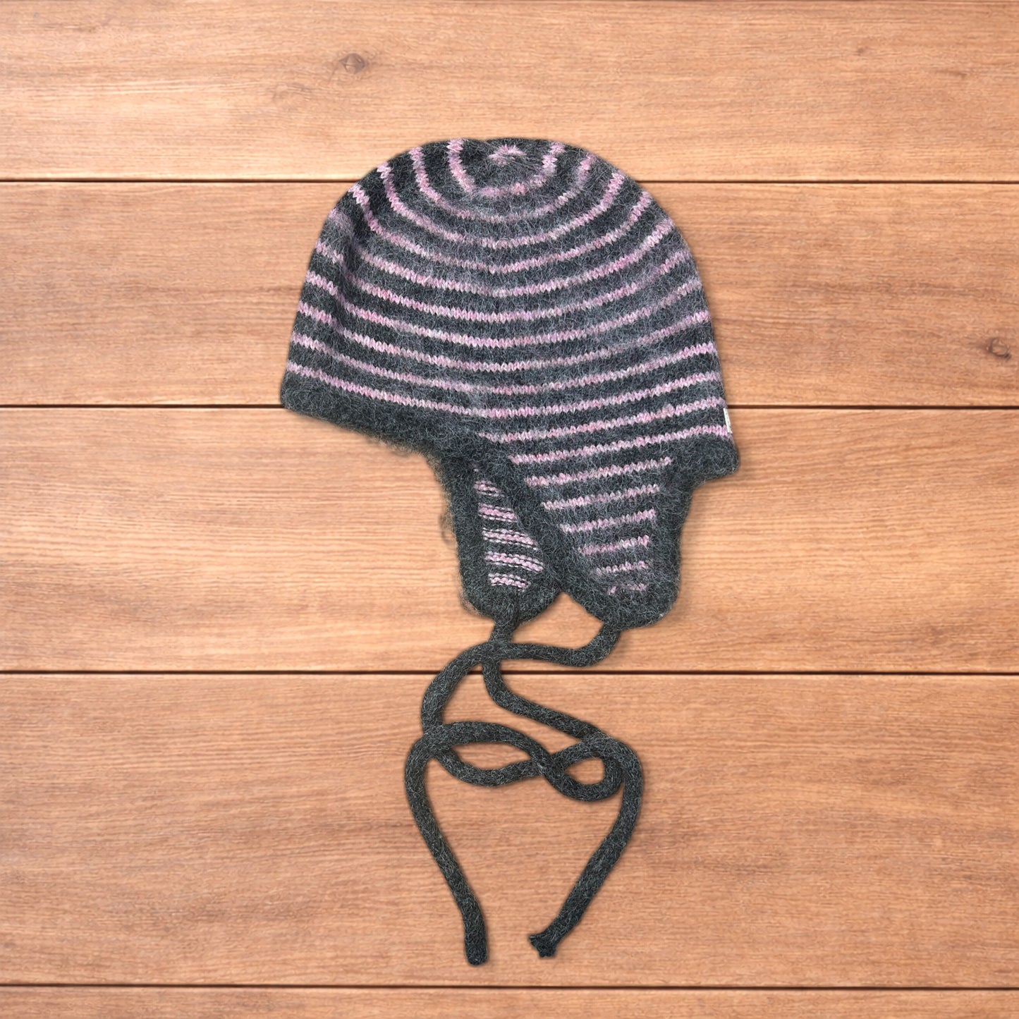 Lovely vintage style knitted ear flap hat bonnet in pink/grey stripes.