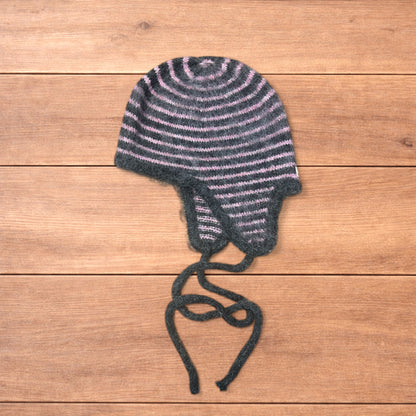 Lovely vintage style knitted ear flap hat bonnet in pink/grey stripes.