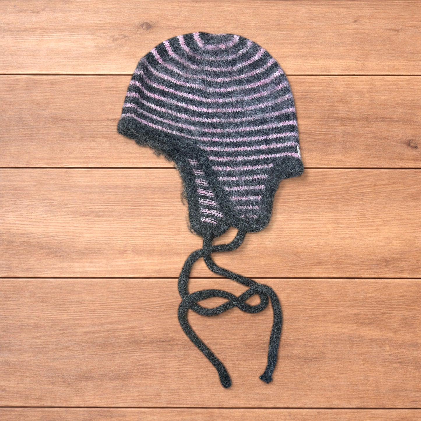 Lovely vintage style knitted ear flap hat bonnet in pink/grey stripes.