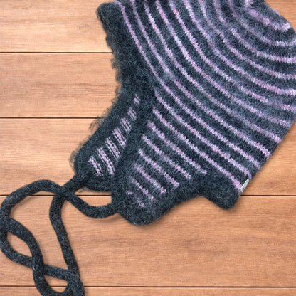 Lovely vintage style knitted ear flap hat bonnet in pink/grey stripes.