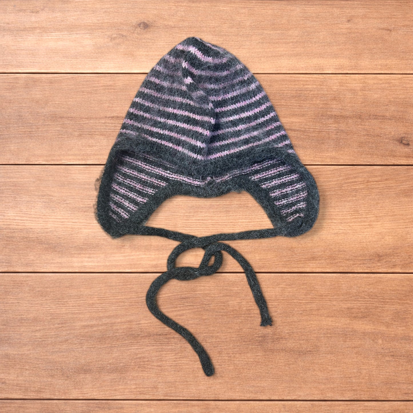 Lovely vintage style knitted ear flap hat bonnet in pink/grey stripes.