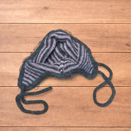 Lovely vintage style knitted ear flap hat bonnet in pink/grey stripes.