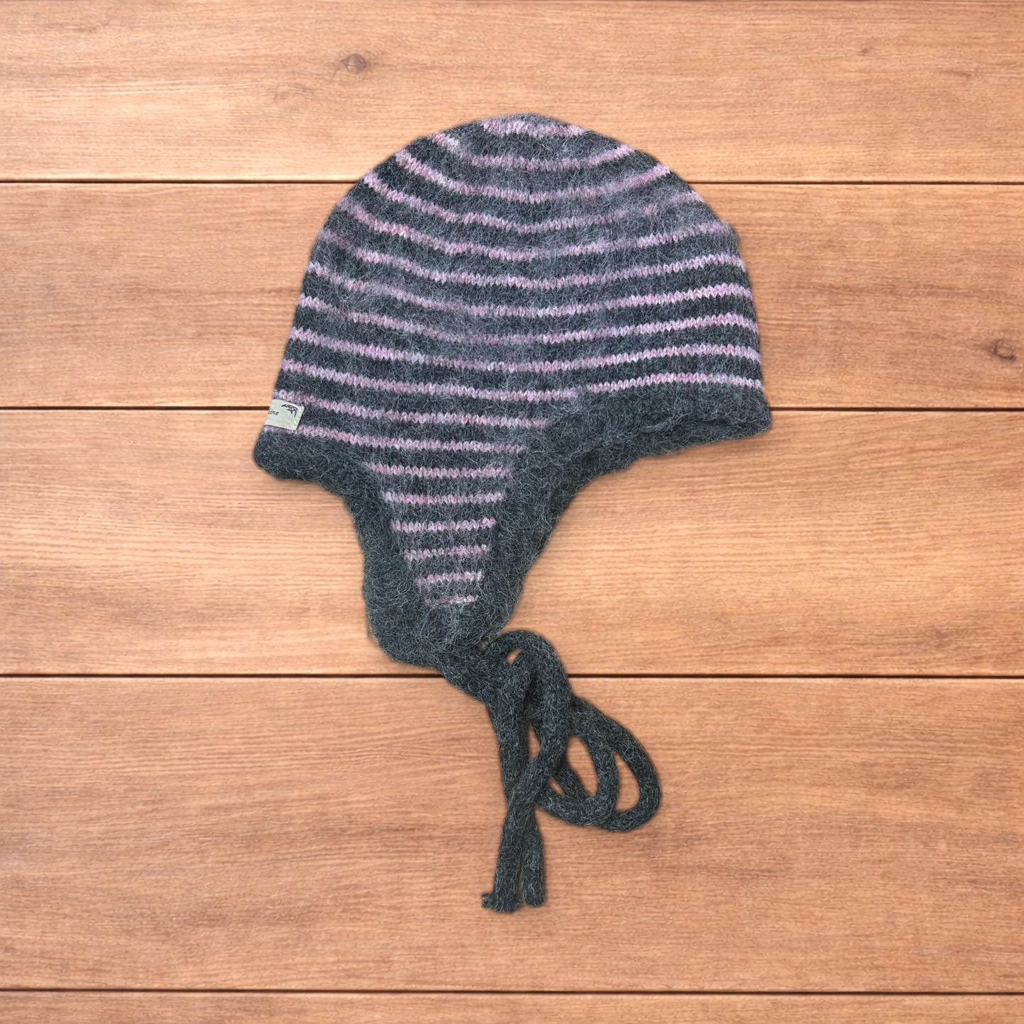 Lovely vintage style knitted ear flap hat bonnet in pink/grey stripes.