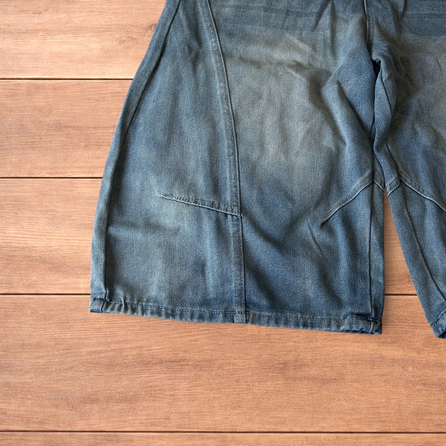 Incredible super baggy wide leg denim carpenter shorts jorts in mid blue wash.