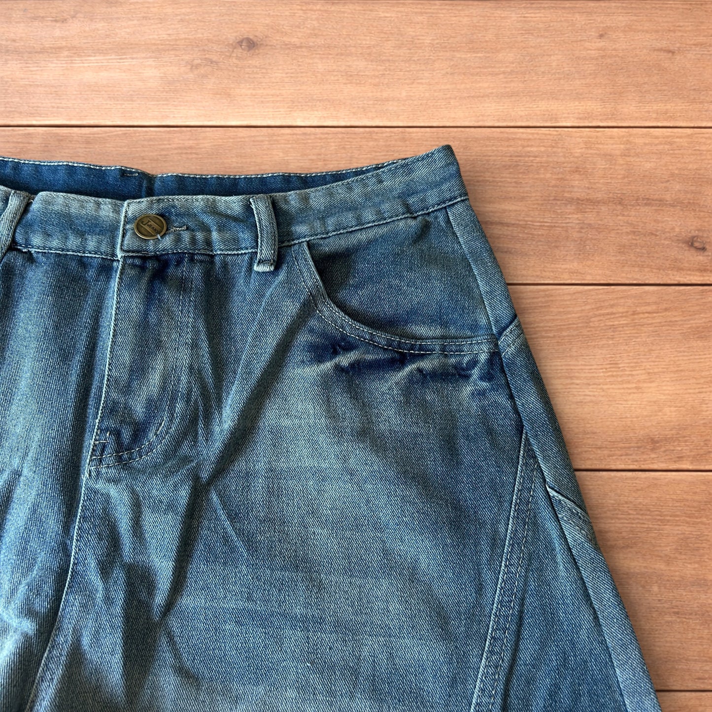 Incredible super baggy wide leg denim carpenter shorts jorts in mid blue wash.