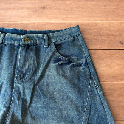 Incredible super baggy wide leg denim carpenter shorts jorts in mid blue wash.