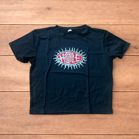 Vintage style baby cropped tshirt top in black with graphic print.