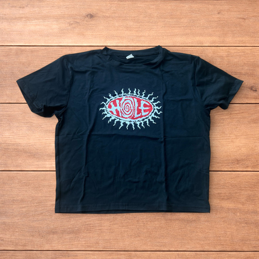 Vintage style black baby cropped t-shirt top with red and white HOLE graphic print on front