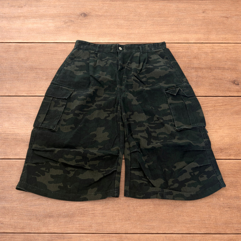 Baggy cargo carpenter jorts in an army-camo print