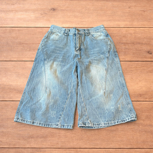 Light blue baggy wide leg denim shorts jorts with faded wash and elasticated back waistband