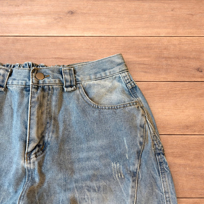 Light blue baggy wide leg denim shorts jorts with faded wash and elasticated back waistband
