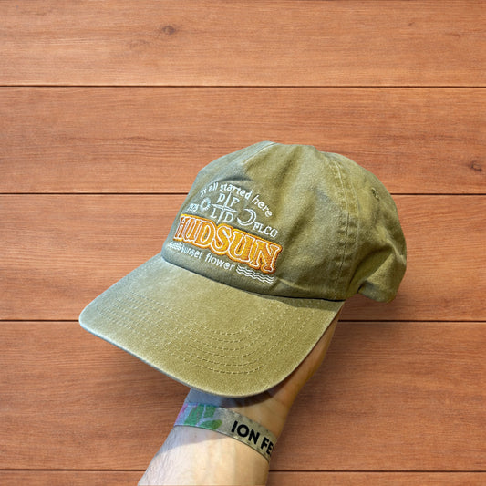 Vintage style Hudson cap hat with embroidered design in khaki colour way.