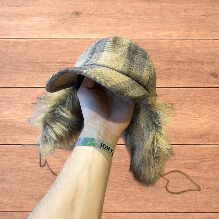 Vintage style trapper Russian ear flap hat cap in beige checkered fabric with faux fur ear flaps