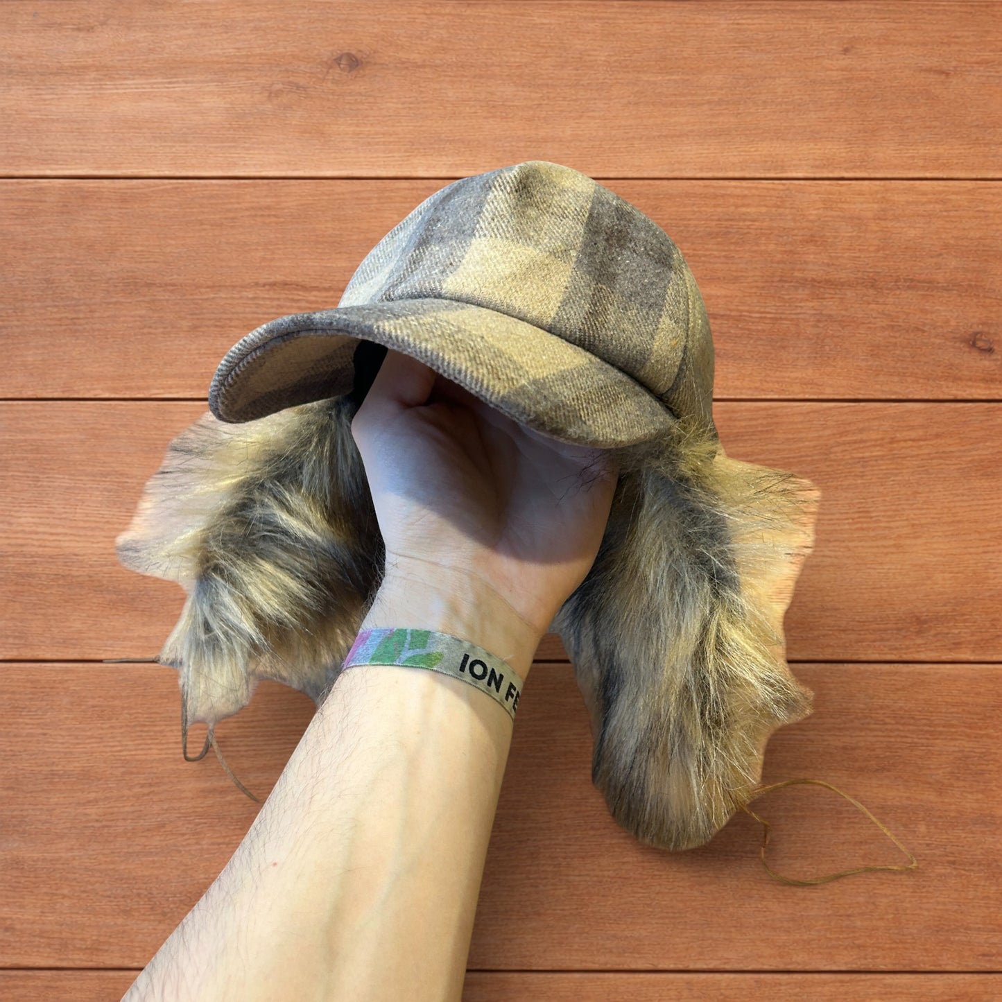 Vintage style trapper Russian ear flap hat cap in checkered beige colour way.