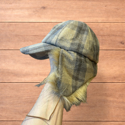 Vintage style trapper Russian ear flap hat cap in checkered beige colour way.