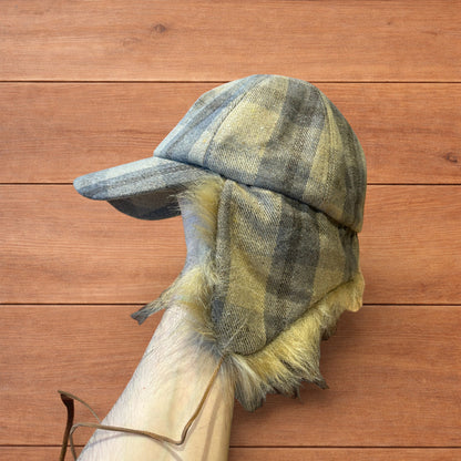 Vintage style trapper Russian ear flap hat cap in checkered beige colour way.